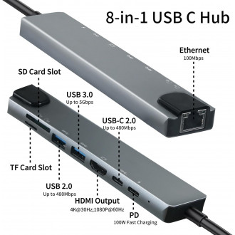 Hub USB-C Multifonction 8 en 1 – HDMI, Ethernet RJ45, 2×...