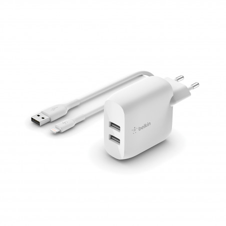 Belkin BoostCharge Chargeur 24W Double USB-A + Câble Lightning Charge Rapide Premium