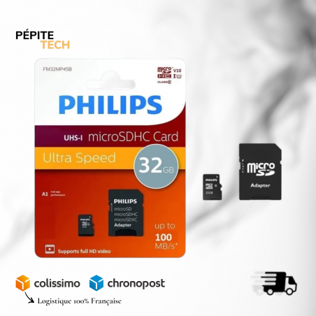 Lot de 2 Cartes MicroSD Philips Ultra Speed 32 Go avec Adaptateur SD - 100 Mo/s