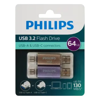 Clé USB - PHILIPS - USB-A et USB-C - Lot de 2 x 64 Go,...